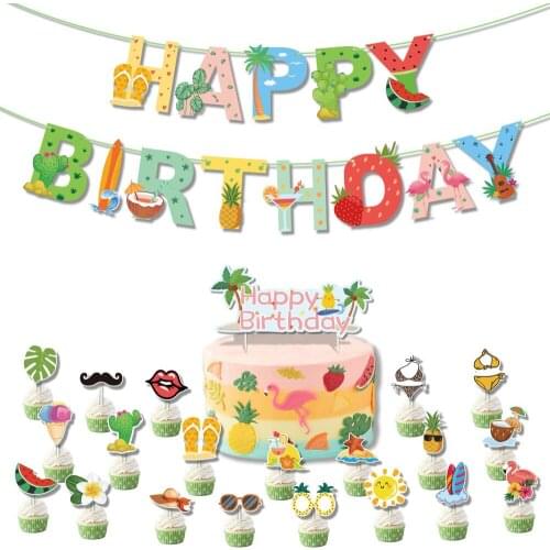 Hawaiian Party Decoration Pineapple Flamingo Banner Flag Cake Topper Summer Tropical Party Decor Birthday Wedding Party Supplies