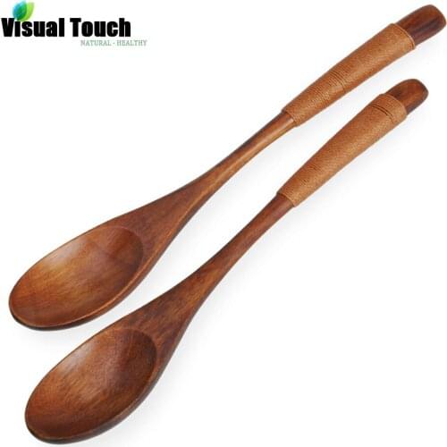 Visual Touch 2pcs Natural Wood Spoon CoffeeTea Milk Soup Creative Brown Rope Tableware Dinnerware Set Environmental Protection