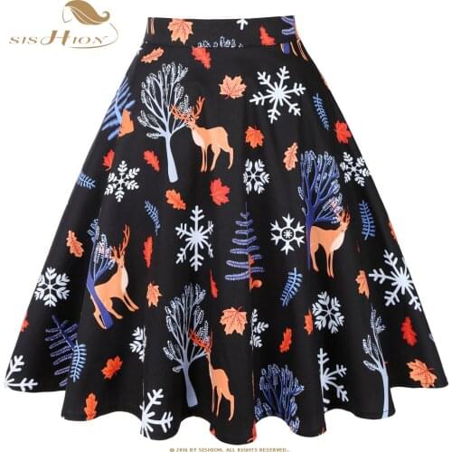 SISHION Christmas Pattern Print Women Skirt VD0020 New Year Ladies a line Swing Rockabilly Vintage 50s Cotton Black Skirt