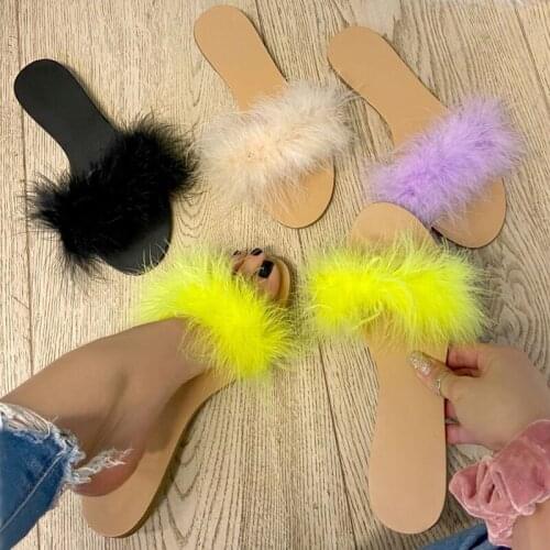 NAN JIU MOUNTAIN 2020 Summer Women Sexy Sandals Feather Flat Slippers Comfortable Vacation Sandals Open Toe Plus Size 34-42
