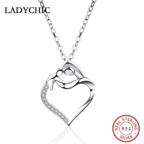 LADYCHIC Genuine 925 Sterling Silver Mother Baby Pendant Necklaces Pure Silver Love Heart Thanksgiving Mothers Day Gift LNS1011
