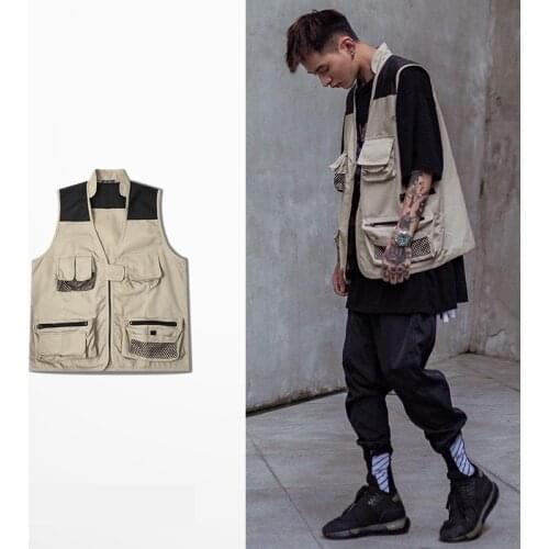 Hip Hop Sleeveless Vests Cargo Waistcoat with Multi Pockets Military Jacket Pockets Streetwear Tactical Mens Vest Sweatshirts