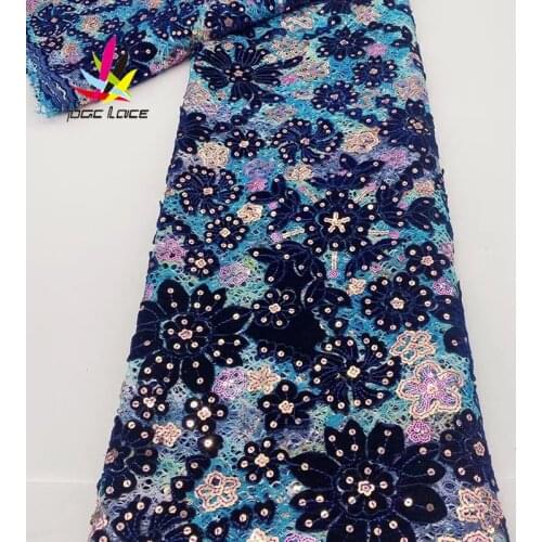 2021 Flocking Velvet Lace Blue Fabric with Sequins French Mesh Wedding Dresses Sequins inspired Wear for Occasions Celebrants