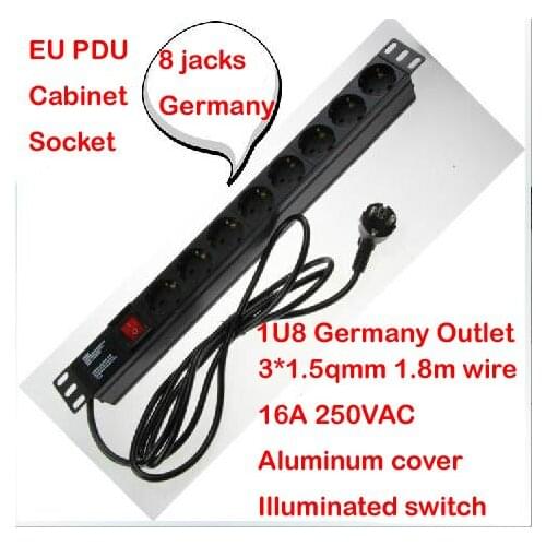 Aluminum case 16A 250VAC 8 jacks 1U Germany EU PDU outlet IEC Power cord socket illuminated ON OFF Switch with 1.8m 1.5mm wire