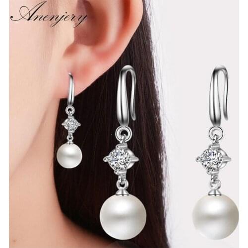 ANENJERY 925 Sterling Silver Earrings Zircon Pearl Water Drop Tassel Earrings For Women oorbellen brincos pendientes S-E394