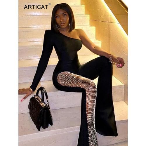 Articat Patchwork Diamond Crystal Bodycon Jumpsuits Women One Shoulder Sexy Long Sleeve Flare Jumpsuit Clothes Streetwear Femme
