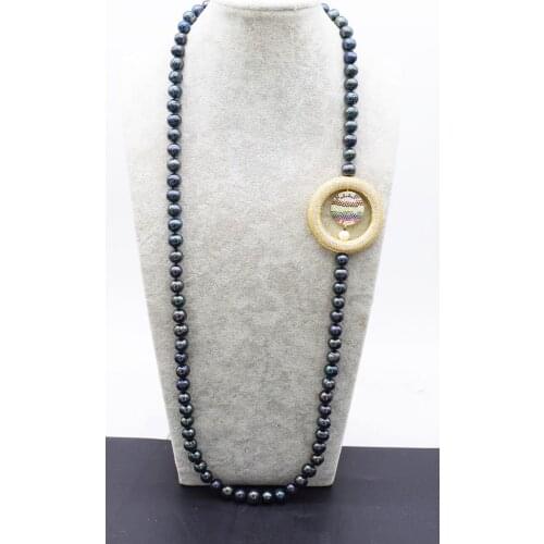 Freshwater pearl black near round 9-10mm necklace 32" nature wholesale FPPJ