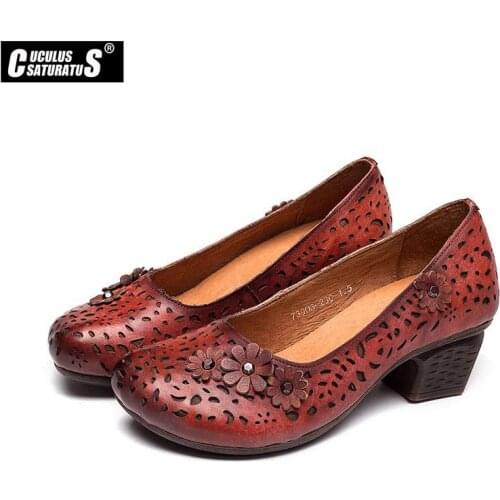 Cuculus Women Ladies Female Mother pumps Genuine Leather Bowknot Shoes Sandals Med Heel Summer Beach Retro Flowers