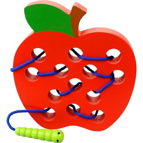 Baby Kids Sensory Early Learning&Educational Wooden Threading Toy Worm Eat Apple Maze Toy Wooden Puzzles Toys For Childen