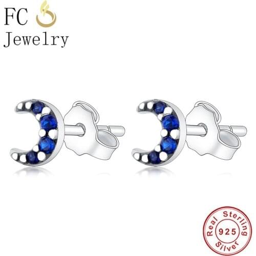 FC Jewelry 100% 925 Silver Small Blue Moon Zirconia Crystal Piercing Stud Earring For Women Accessories Minimalist Brincos 2020