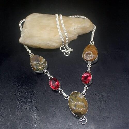 Gemstonefactory Jewelry Big Promotion 925 Silver Natural Ocean Jasper Shiny Red Topaz Women Chain Necklace 46cm 202101370