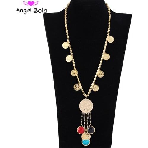 Islamic Natural Colored Stone Oman Gold Coin Tassel Women Pendant Allah Necklace Muslim Luxury Jewelry Wedding Gift Wholesale