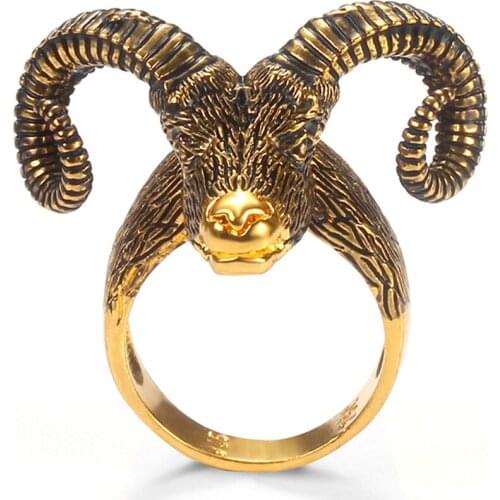Personality Gold Color Ram Head Rings for Men Women Punk Style Animal Jewelry Biker Finger Ring Satan Sheep Head Men Jewelry