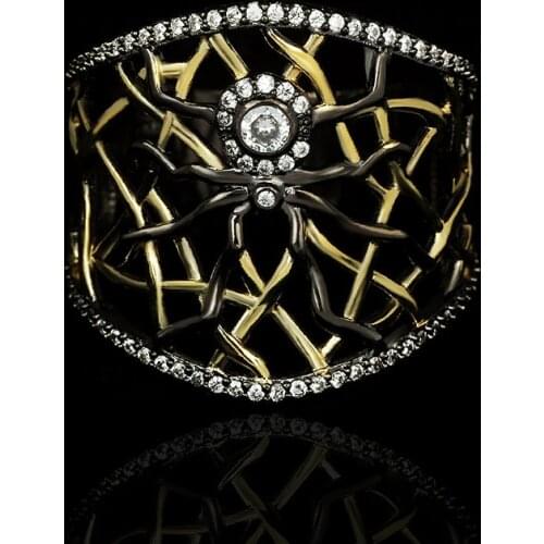 New Creative Gothic Style Hollow Spider Diamond Ring 9258 Silver Retro Animal Black Gold Two-tone Ring Party Jewelry