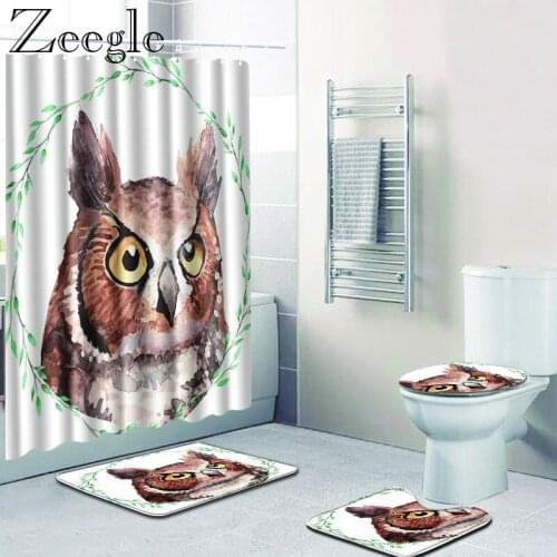 4pcs Bathroom Curtain Set Waterproof Shower Curtain Anti-slip Toilet Cover Seat Mat Absorbent Shower Mat Toilet Pedestal Rug