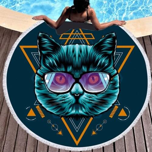 Summer Microfiber Round Beach Towel with Tassel Cartoon Animal Cat Dog Digital Print Shower Towel Yoga Mat Blanket