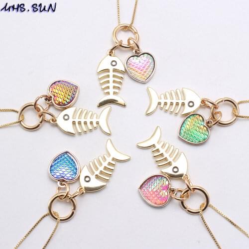 MHS.SUN New Cute Design Fish Bones And Heart Pendant Charm Long Chain Necklace For Girls/Child/Kids Gifts Fashion Jewelry