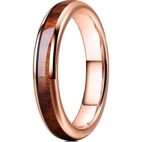 Fashion 4MM Rose Gold Stainless Steel Ring For Women Men Domed With Koa Wood Inlay Promise Ring Wedding Party Jewelry For Women