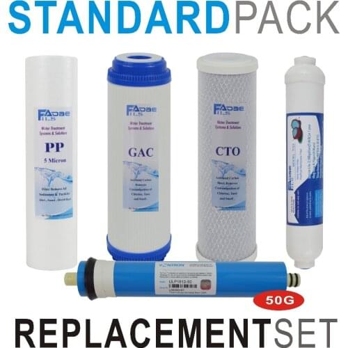 Reverse Osmosis System Replacement Filter Set - 5 Stage Filters with 50 GPD RO Membrane Elements and Post Filters - Pack Of 5