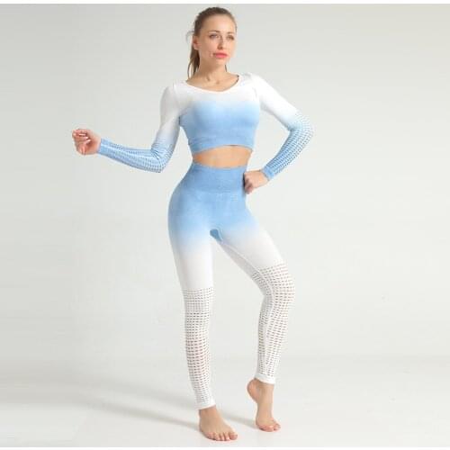 Ombre Women Seamless Breathable Yoga Sets Long Sleeve Shirts High Waist Leggings Push Up Pants Gym Fitness Sportswear Running