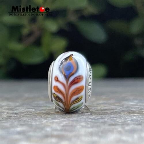 Mistletoe 925 Sterling Silver Murano Glass Peacock tail feathers Charm Bead Jewelery 1pcs