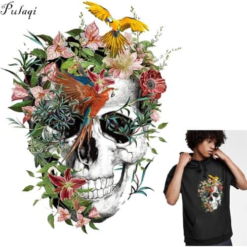 Pulaqi Punk Skull Rose Flower Decoration Patches DIY Iron-On Transfers Clothes Patches Thermal Transfer For Clothing Stickers F