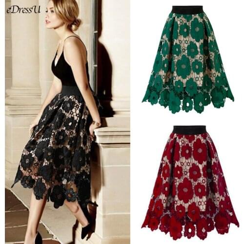 S-4XL Lace Skirt Women A Line Vintage Midi Skirt Plus Size High Quality Elegant Office Summer Autumn Skirt Daily Wear HEB-27781