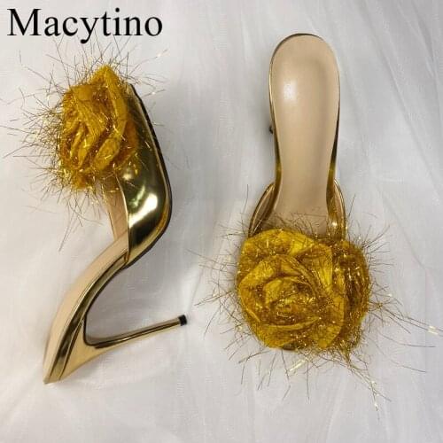 Luxury Summer High Heel Slipper Woman Big Flower Decor Gold Patent Leather Open Toe Summer Outside Slippers Women Dress Sandal