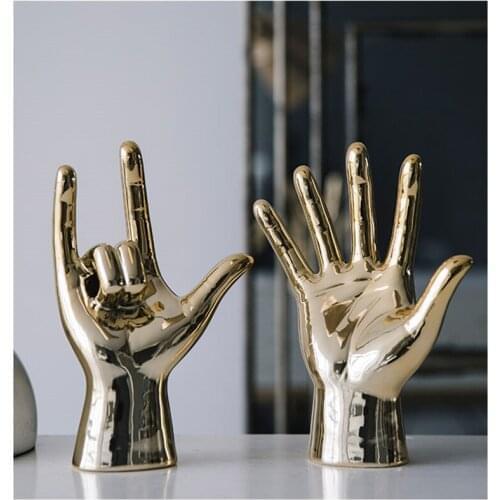 NORDIC CREATIVE GOLD PLATING FINGER ART SCULPTURE ABSTRACT GESTURE STATUE CERAMICS CRAFTS LIVING ROOM DECORATIONS FOR HOME R3519