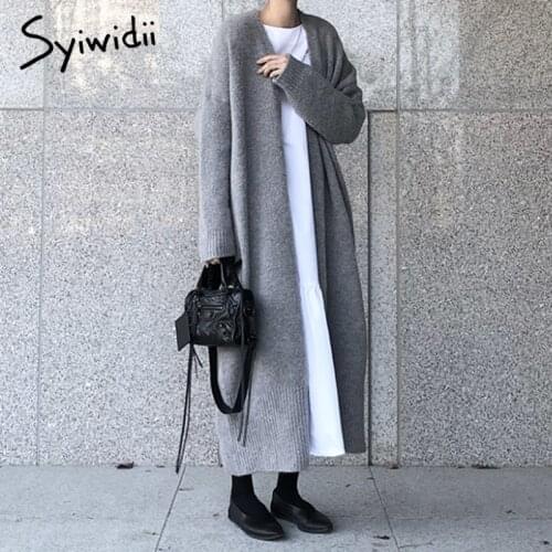 Syiwidii New Long Cardigan Women Elegant Ladies Loose Ribbed Knitted Oversize Sweaters Fashion Long Coat 2021 Spring And Autumn