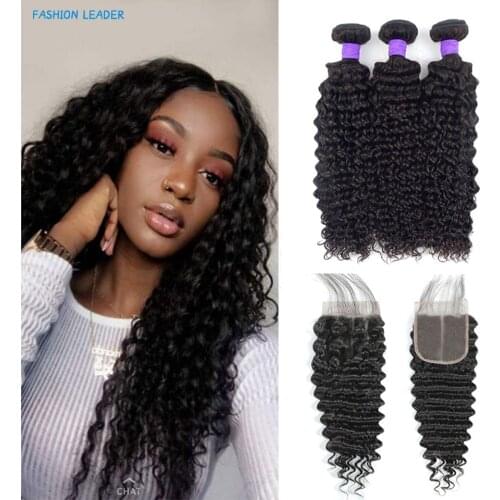 Deep Wave Hair Bundles With Closure Brazilian Human Hair Deep Curly Bundles With 4x4 Closure Remy 3 bundles With Lace Closure