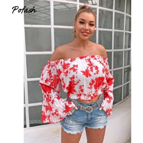 Pofash Floral Print Ruffle T Shirts Women Clothing Off Shoulder Long Flare Sleeves Autumn Tops Backless Holiday Outfit Sexy 2021