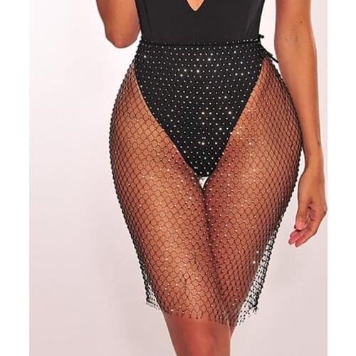 Women Sexy Rhinestone Sequin Fishnet Mini beach Skirt Summer Elastic See Through Diamond Mesh Party Nightclub Skirt