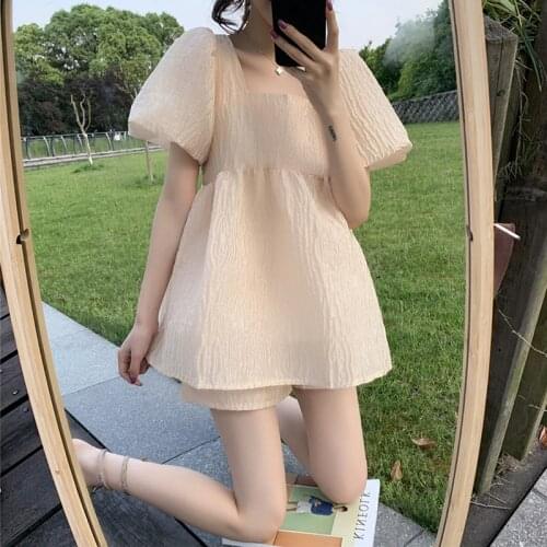 YUZACDWX Neploe 2 Piece Set WomenPuff sleeve top + high waist wide leg Shorts Fashion Korean Suits 2020 summer two piece set
