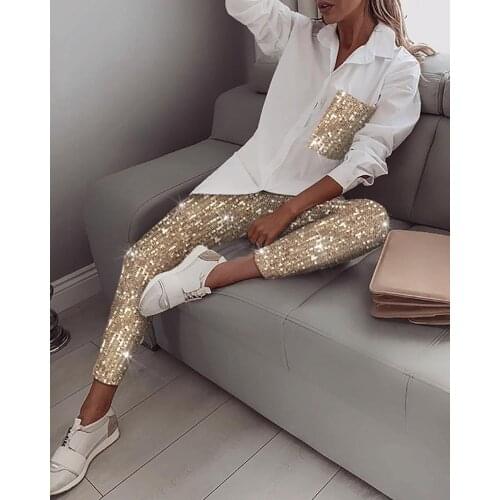 2 Piece Women Sets Sequins Long Sleeve Shirt Turn-Down Collar Casual Elastic Glitter Shiny Pants Autumn Streetwear Ladies Sets
