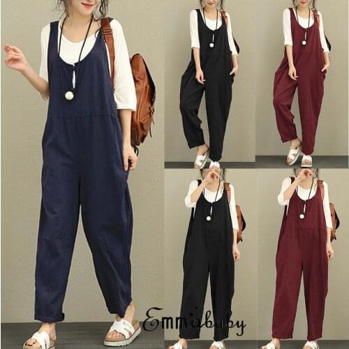 Women Casual Cotton Jumpsuit Solid Color Strap Dungaree Trousers Overalls Loose Pants Romper Plus