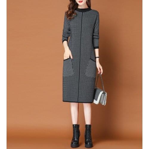 Womens Sweaters Pullover Spring Autumn Knit Sweaters Dress Mid-Length Over The knee Lattice Knitted Dresses Winter Base W783