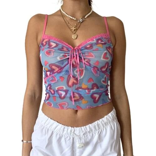 2021 New Fashion Womens Sexy Crop Cami Tops, Cute Spaghetti Strap Lace Patchwork Heart Print Sheer Mesh Camisole