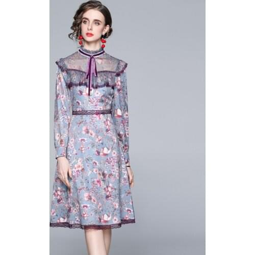 JSXDHK New Fashion Runway Spring Women Ruffles Dress Elegant Women Stand Collar Flower Print Bow Splicing Lace A Line Dresses