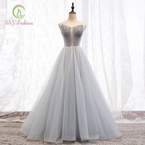 SSYfashion Strapless Lace Up Back Floor-Length Sequined Grey Evening Dresses Custom Party Prom Formal Gown Vestidos De Fiesta