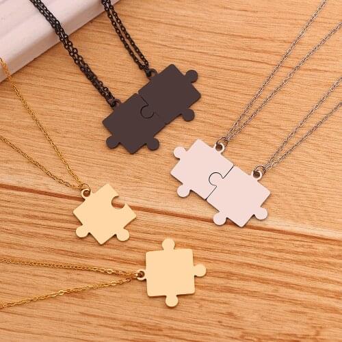 2Pcs Men Women Couple Puzzle Pendant Necklace Stainless Steel Link Chain 3 Colors Necklaces Set Jewelry For Lovers
