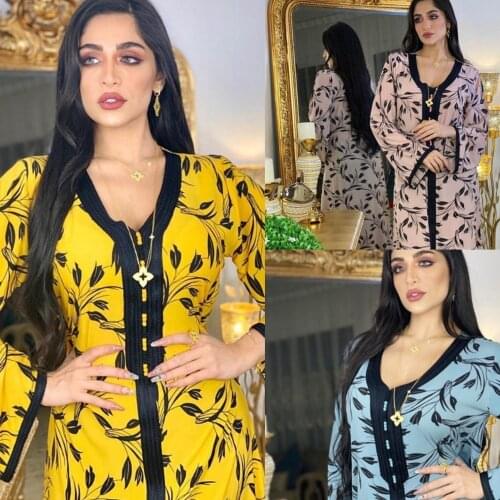 AB064 Spring Summer Dress To The Floor Yellow Blue Pink Floral Abaya Woman Muslim Female Jalabiya Arabic Evening Dress American
