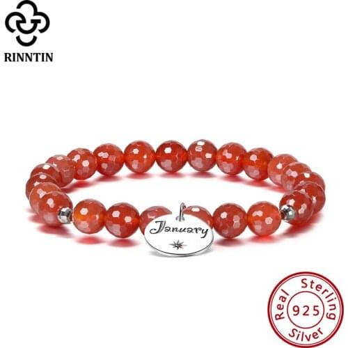 Rinntin Red Agate Bracelet For Women Men 8mm Natural Stone Beads Bracelets Reiki Birthstone 925 Silver Charm Bracelets GMB01