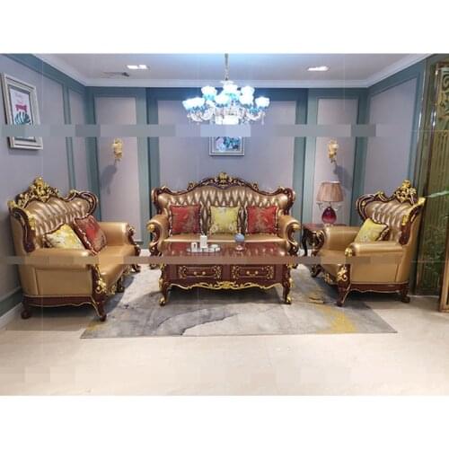 European Leather Sofa Combination Living Room Red Sandalwood Color with Gold Foil Sofa Imported First Layer Cowhide