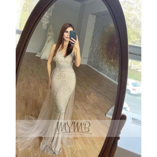 Hot Sale Gorgerous Silver Evening Formal Dresses Strap Spaghetti Handmade Crystal Beading Prom Party Gowns With Detachable Train