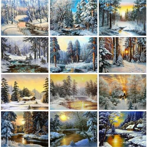 Huacan Diamond Painting Winter Forest Mosaic Snow Cross Stitch Embroidery Sunset Scenery Home Decoration Diamond Art