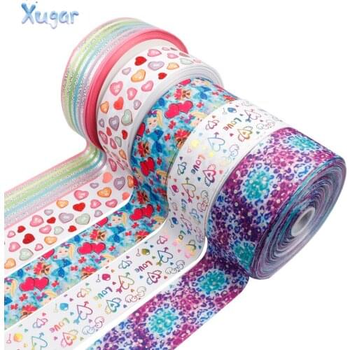 3"(75mm) Leopard stripe Rainbow Heart printed high quality polyester ribbon 2yards DIY handmade Bows materials wedding gift wrap