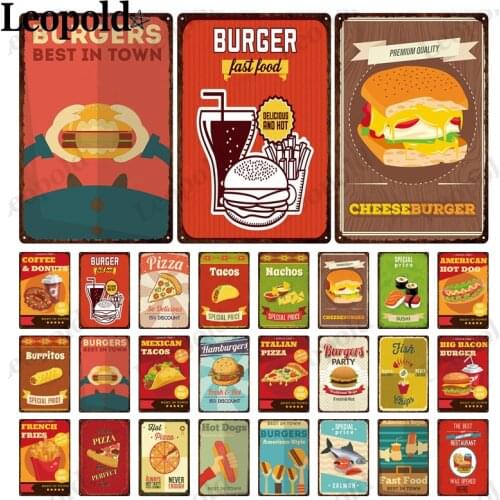 Food Series Metal Poster Fast Food Fries Burger Tin Plate Pizza Plaque Vintage Restaurant Kitchen Home Decoration 20X30Cm