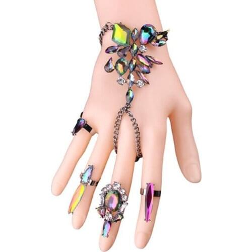 Fashion Crystal Statement Ring Bracelet Jewelry Set Gorgeous Stone 4 Finger Rings Wrist Chain for Women
