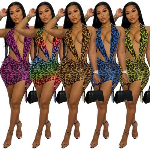 Adogirl Fashion Leopard Print Dresses Women Night Club Outfits Backless Halter Bodycon Mini Dress Sundress Casual Streetwear